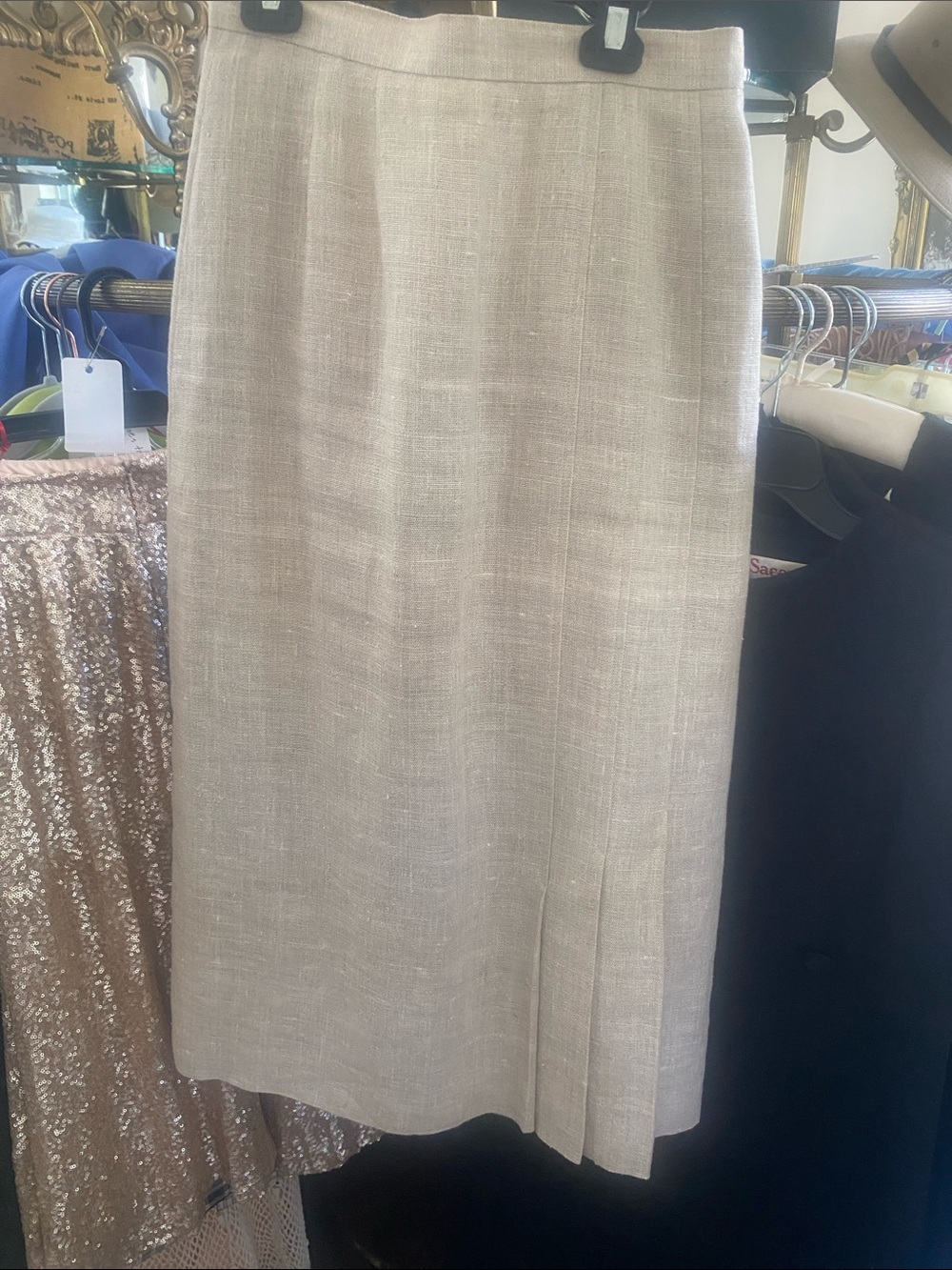 Vintage Linen Cream Pencil Skirt with Subtle Front Pleat